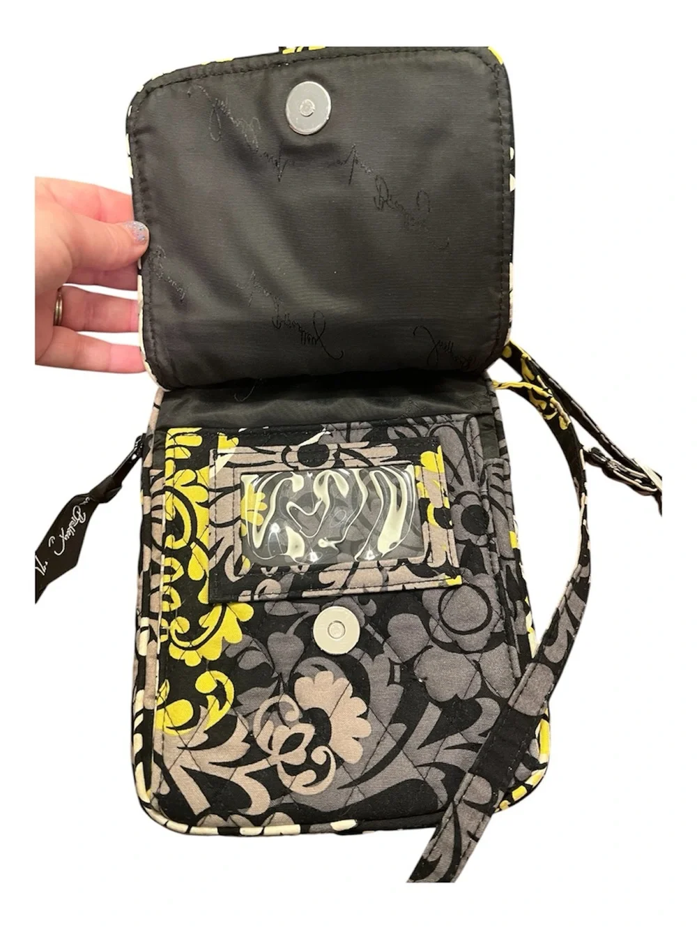 Vera Bradley Mini Hipster Floral Crossbody Bag in Black in “Baroque” pattern.